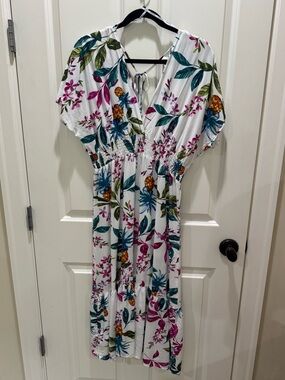 Blue Island White Tropical Floral Dress with Multicolor Print